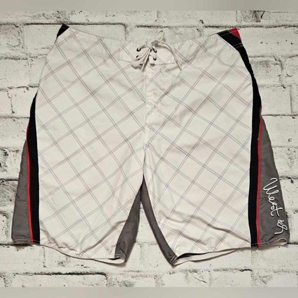 West 49 White, Grey, and Red Plaid Board Shorts